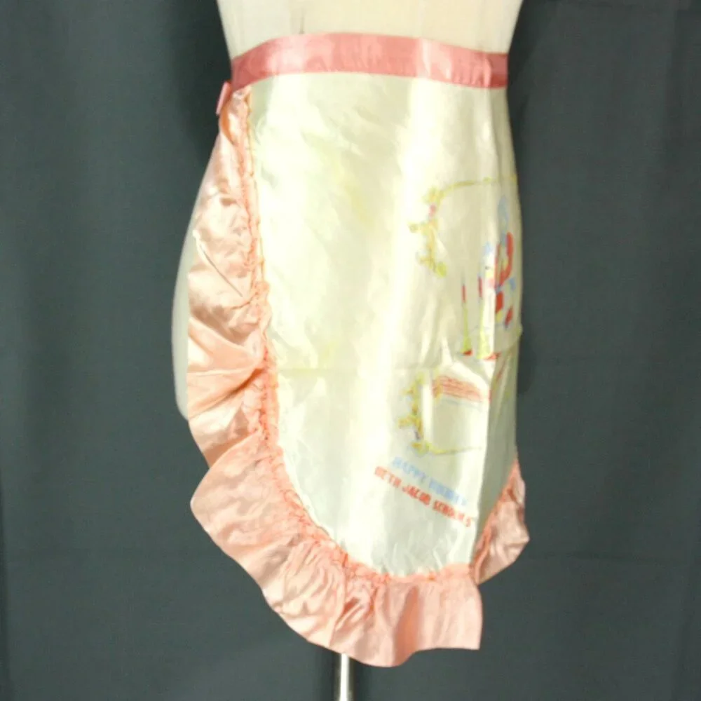 Vintage Beth Jacobs Schools Print Satin Ruffles Tie Back Half Apron 1950s 1960s